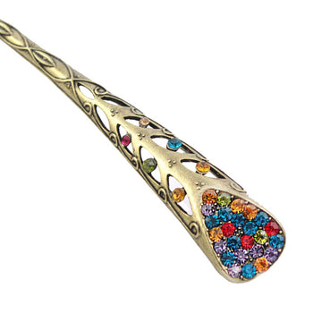 Antique Brass V Shape Hair Stick with Pink Rhinestones
